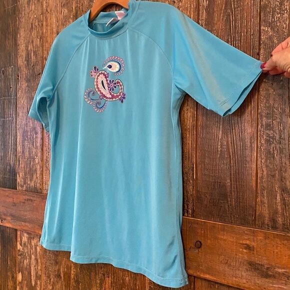 Kanu Surf Sz L Blue SwimSuit  Surfing Beach Paisley Short Sleeve RashGuard Top - Picture 10 of 10